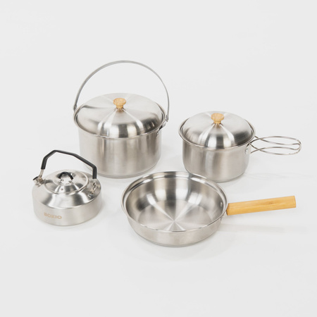 BOXIO COOKWARE - zestaw garnków kempingowych ze stali nierdzewnej, 2 garnki, patelnia, czajnik