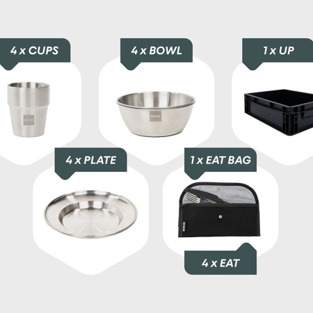 BOXIO COOK UP - naczynia i sztućce dla 4 osób w niskiej Euroboxie SOLO UP, 28 elementów