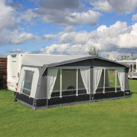 CAMPTECH Topas Air 9 inflatable travel awning - circumference 850-875 cm, Camptex All Season, 4 windows, pump included